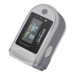 A gray finger pulse oximeter displaying blood oxygen saturation and heart rate.