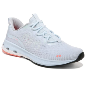Ryka Activate Walking Shoes feature a light blue mesh upper with a white sole, pink accents, and a supportive, cushioned design. They include laces for closure and are suitable for active use.