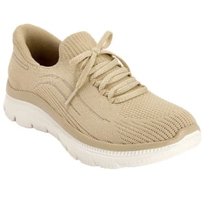 Beige knit sneaker with a textured upper, lace-up design, and thick white sole.