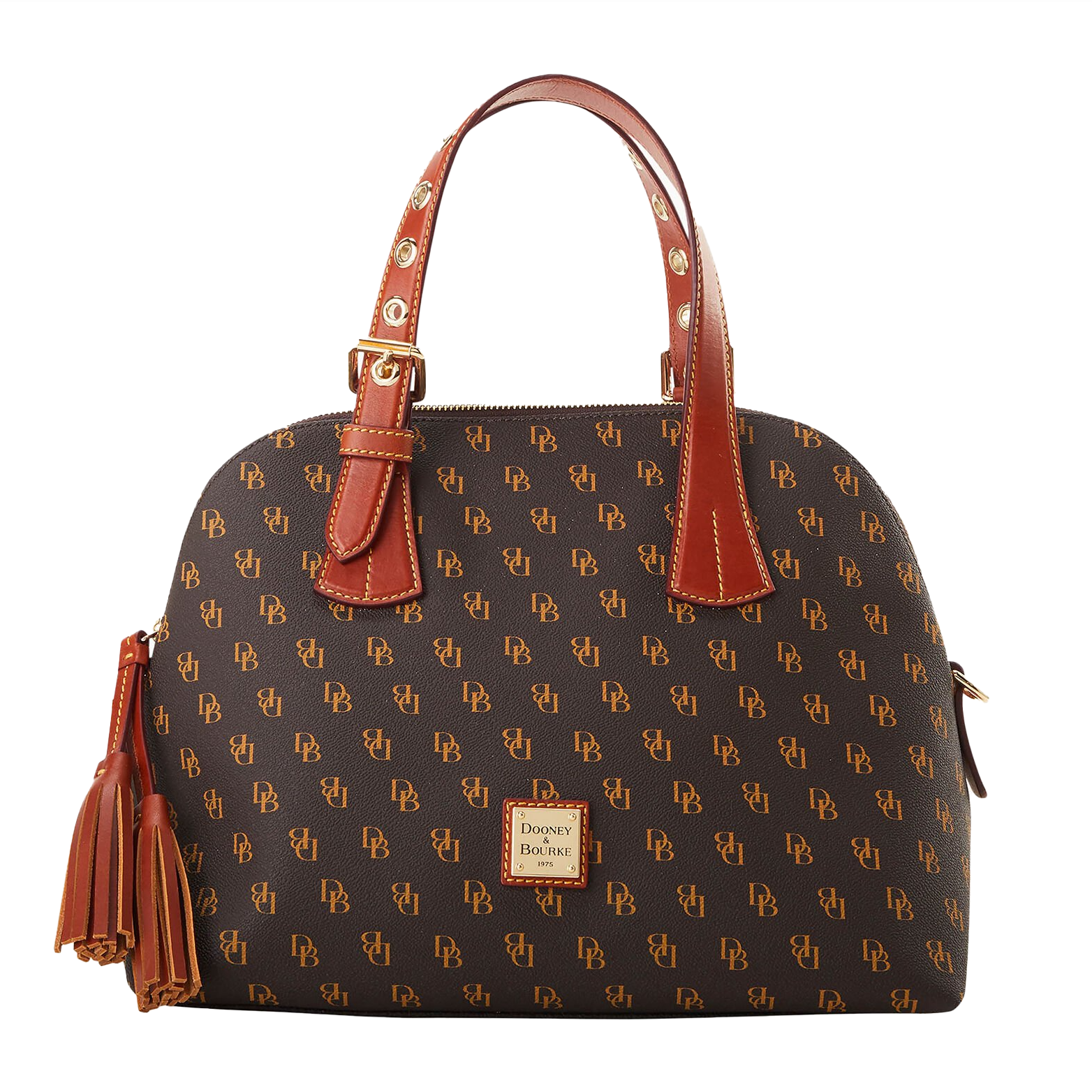 Dooney Gretta Small Audrey Bag features a brown leather body with \“DB\“ initials pattern, red leather handles, gold hardware, and a tassel detail. It includes a small Dooney & Bourke logo plaque on the front.