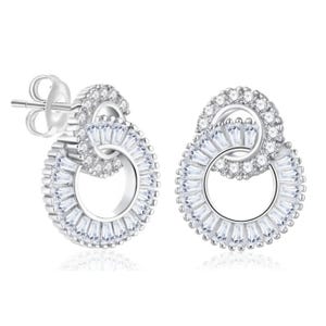 Silver stud earrings with two interlocking circles; one large with baguette-cut stones and one smaller adorned with round stones, creating an elegant, intertwined design.