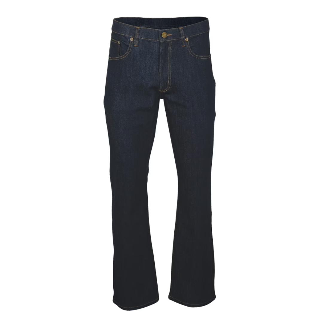 Dark blue straight-leg jeans with a classic five-pocket design and contrasting stitching.