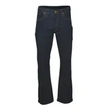 Dark blue straight-leg jeans with a classic five-pocket design and contrasting stitching.