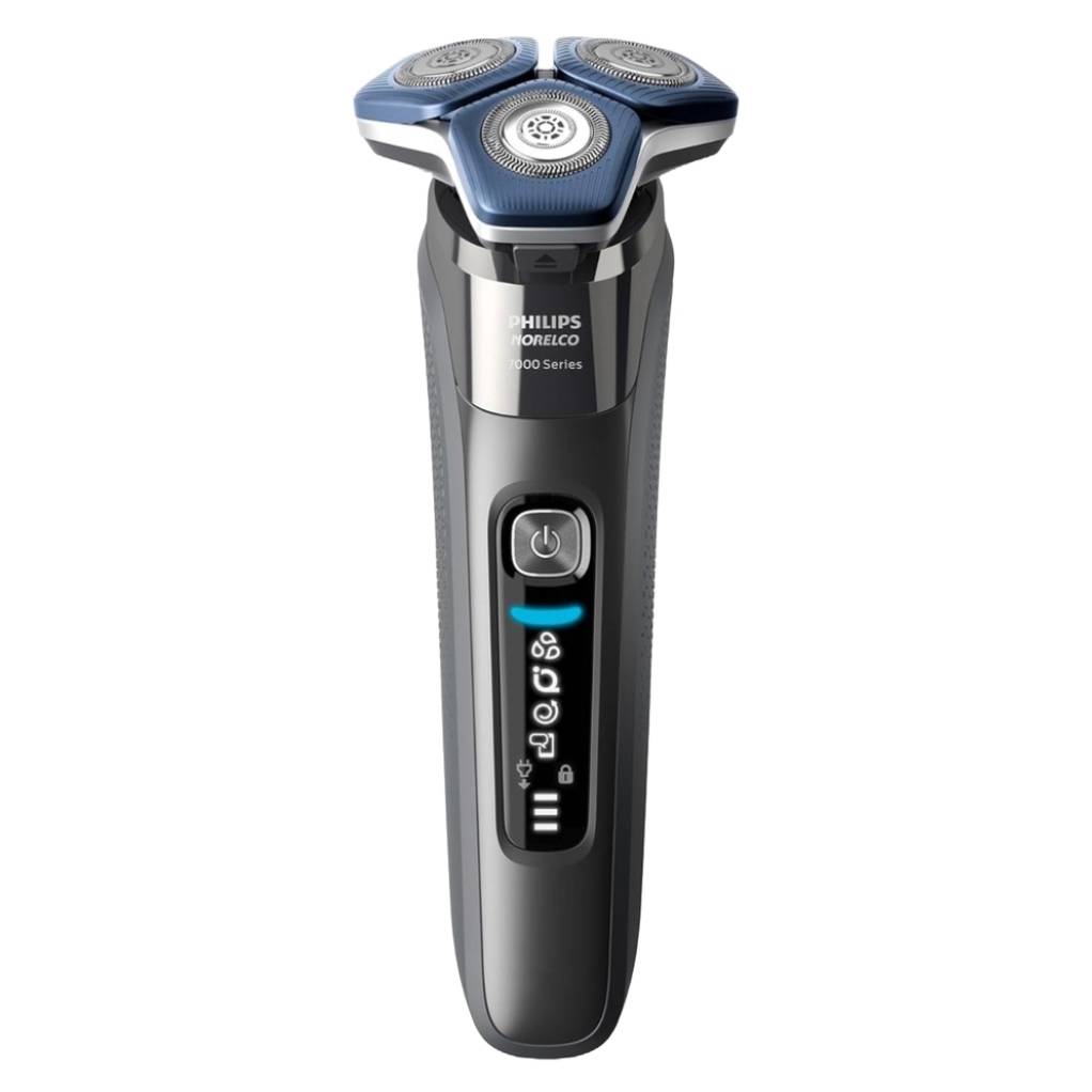 Philips Norelco Electric Shaver 7000 Series features a sleek design with three rotating heads, a digital display, and a power button, offering a modern and ergonomic look for efficient shaving.