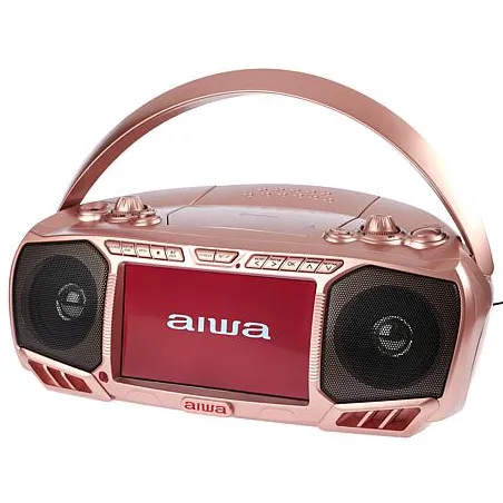 A rose gold Aiwa boombox with speakers, CD player, and LED display, featuring a large carry handle.