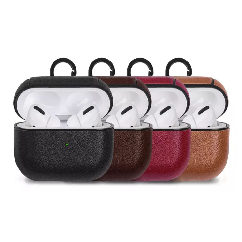 Four pairs of wireless earbuds in charging cases with leather covers in black, brown, red, and tan, each featuring a carabiner clip.