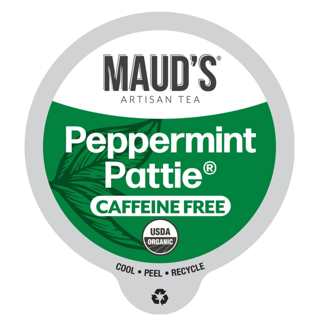 Maud's Artisan Tea, Peppermint Pattie, caffeine-free, USDA Organic. Cool, peel, recycle.