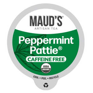 Maud's Artisan Tea, Peppermint Pattie, caffeine-free, USDA Organic. Cool, peel, recycle.
