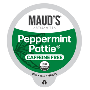 Maud's Artisan Tea, Peppermint Pattie, caffeine-free, USDA Organic. Cool, peel, recycle.