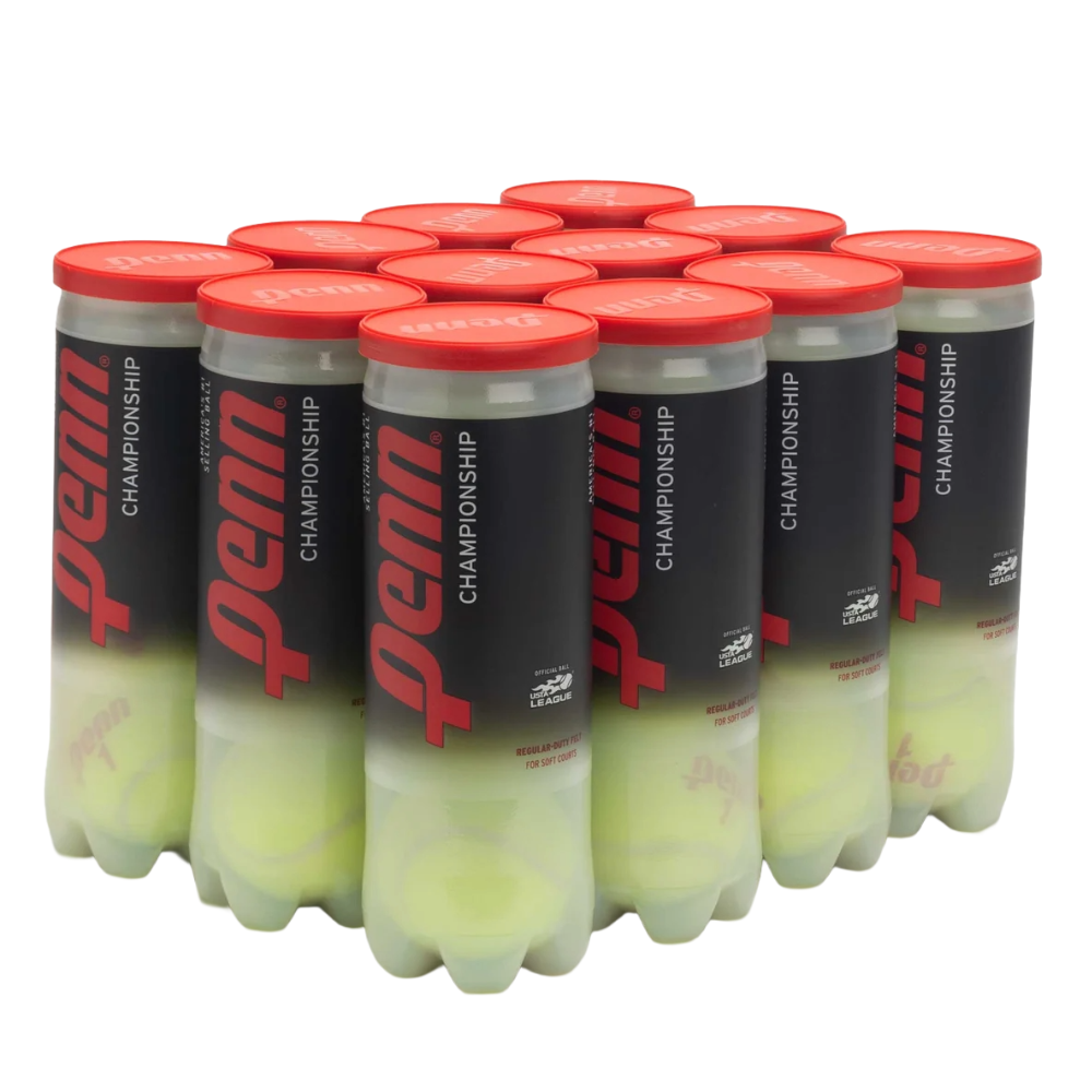 Twelve cans of Penn Championship tennis balls, each with three balls, featuring red lids and black labels.