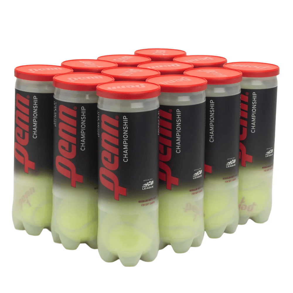 Twelve cans of Penn Championship tennis balls, each with three balls, featuring red lids and black labels.