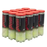Twelve cans of Penn Championship tennis balls, each with three balls, featuring red lids and black labels.