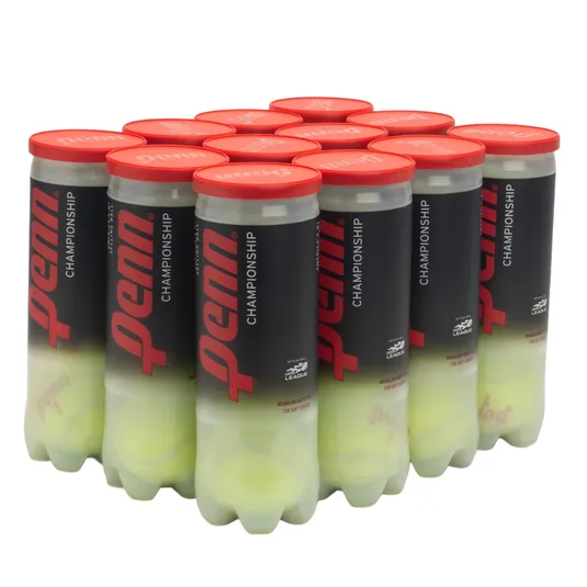 Twelve cans of Penn Championship tennis balls, each with three balls, featuring red lids and black labels.
