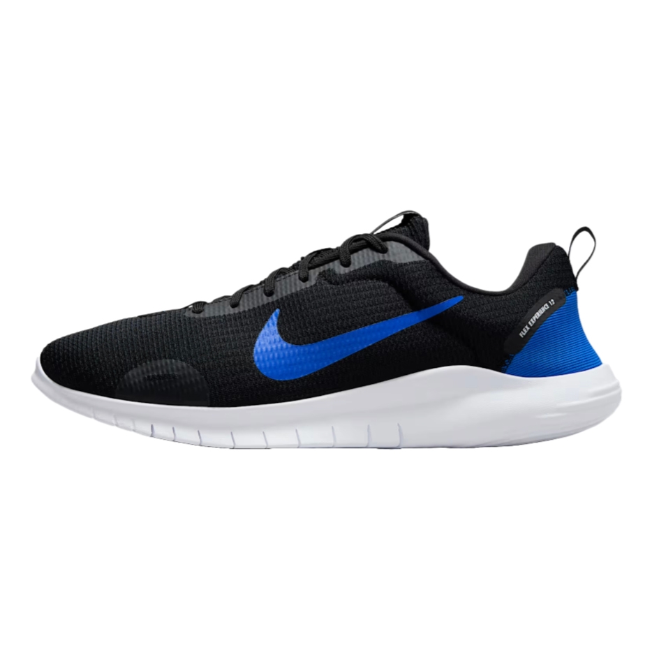 Nike Men's Experience 12 Shoes feature a black upper with a bright blue swoosh, mesh design for breathability, and a white cushioned sole for comfort.