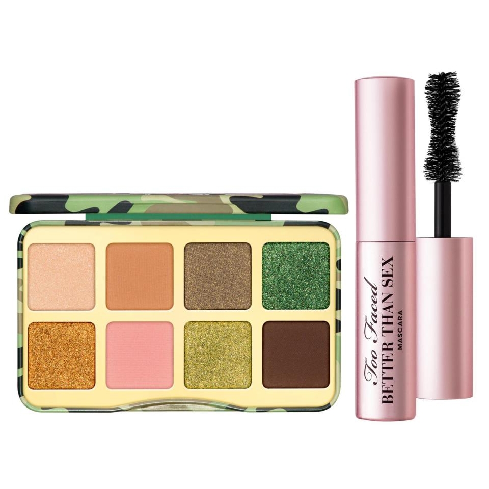 Too Faced Mini Palette & Travel Mascara Set includes an eyeshadow palette with eight shades in earthy tones and glitter, paired with a travel-sized Better Than Sex mascara in a pink tube.