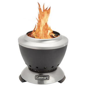A compact, stainless steel wood-burning fire pit by Cuisinart with a black body and ventilation holes at the base.