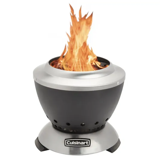 A compact, stainless steel wood-burning fire pit by Cuisinart with a black body and ventilation holes at the base.