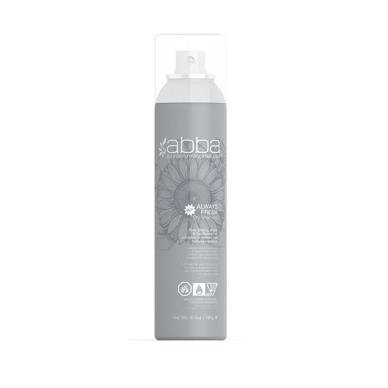 Abba Always Fresh Dry Shampoo, a hair care product in a spray can with minimalist grey and white labeling.