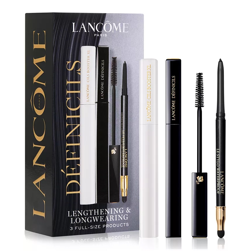 Lancôme Définicils Eye Makeup Set includes a lengthening mascara, a white Cils Booster XL lash primer, and a black waterproof eyeliner, designed to enhance lashes and eyes with long-wearing effects.
