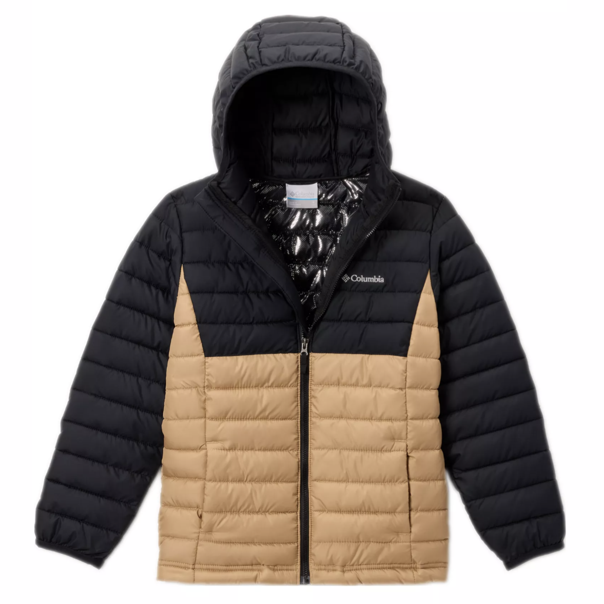 Columbia puffer jacket with a hood, featuring a color-block design in black and tan, and a full zipper closure.