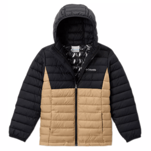 Columbia puffer jacket with a hood, featuring a color-block design in black and tan, and a full zipper closure.