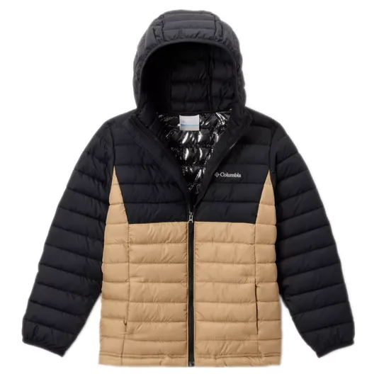 Columbia puffer jacket with a hood, featuring a color-block design in black and tan, and a full zipper closure.