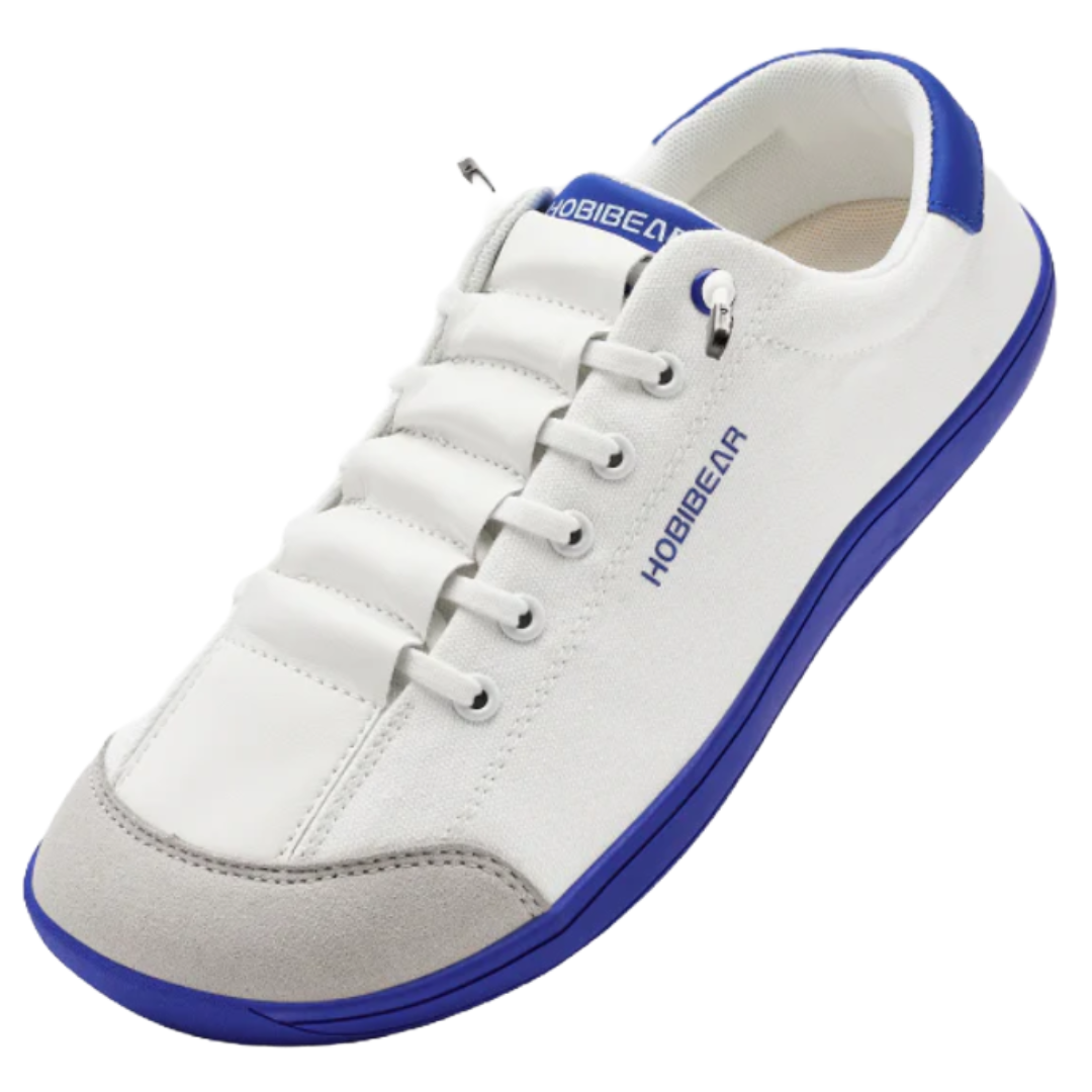 White sneaker with blue accents, including the sole and heel, featuring the brand name \“HOBIBEAR\“ on the side and tongue. It has a suede-like toe cap and a lace-up design.