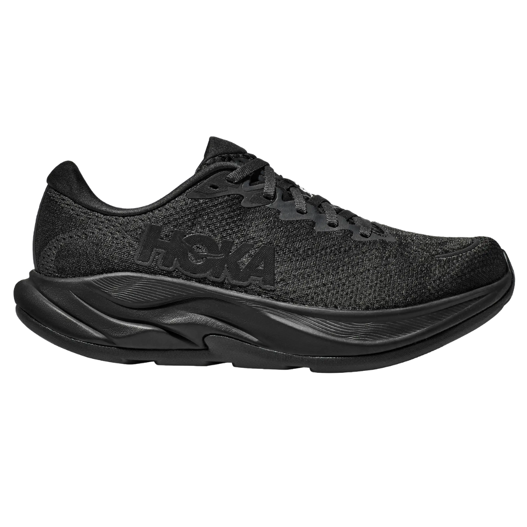 Black HOKA running shoe with a textured knit upper and cushioned sole, featuring the HOKA logo on the side.