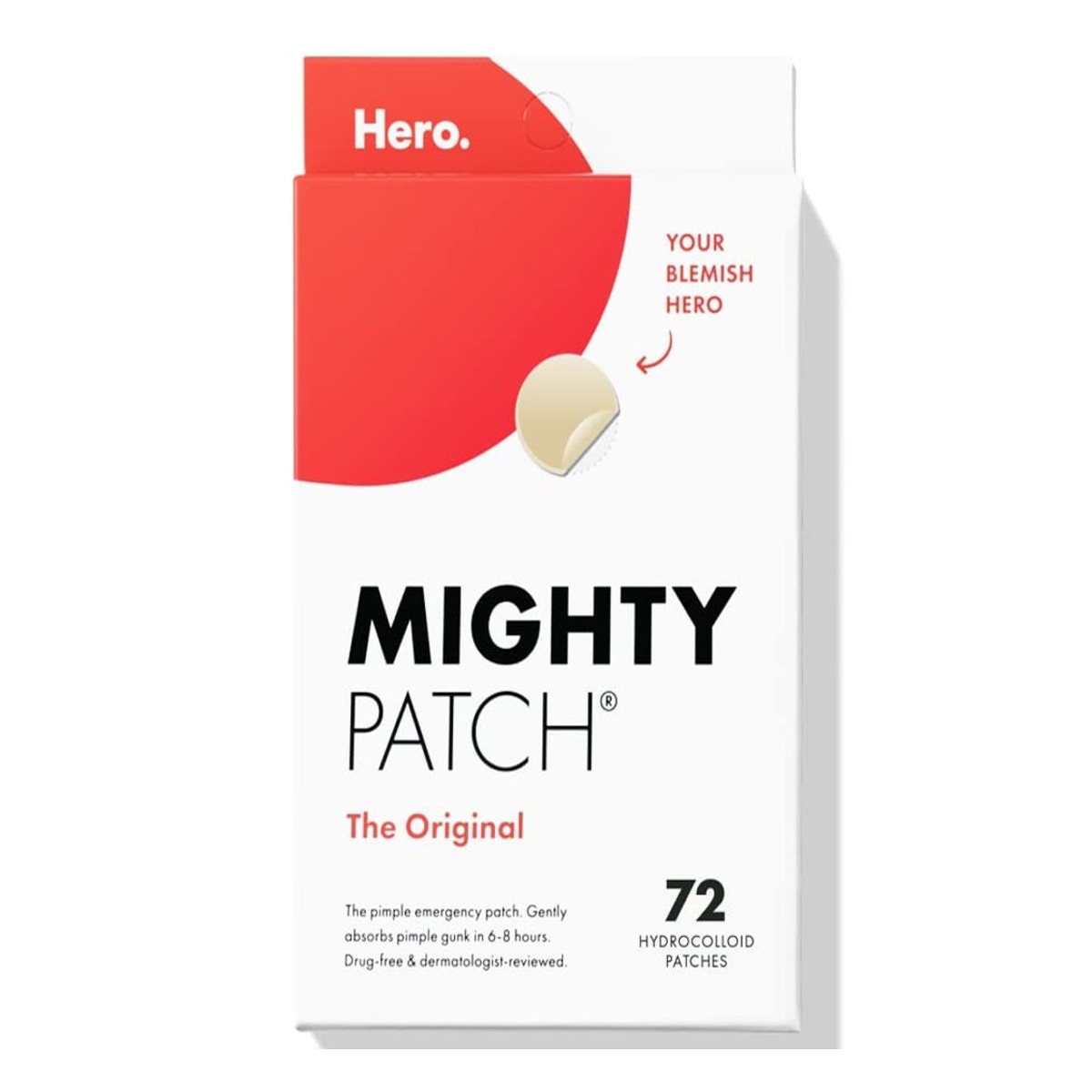 Mighty Patch The Original by Hero is a set of 72 hydrocolloid patches designed to absorb pimple impurities in 6-8 hours. They are drug-free and dermatologist-reviewed.