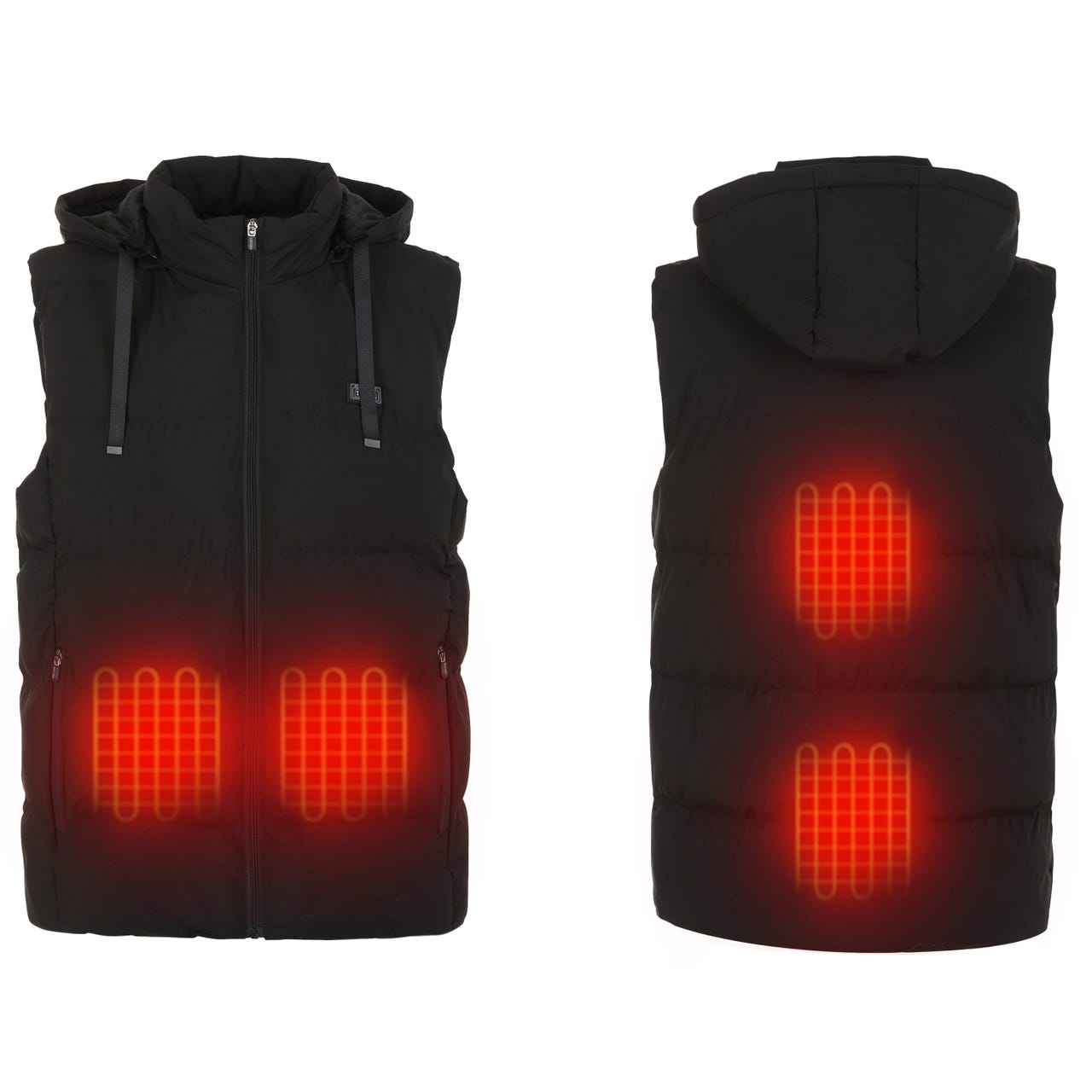 Black heated vest with visible heating elements on the front and back, shown with a hood.