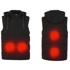 Black heated vest with visible heating elements on the front and back, shown with a hood.