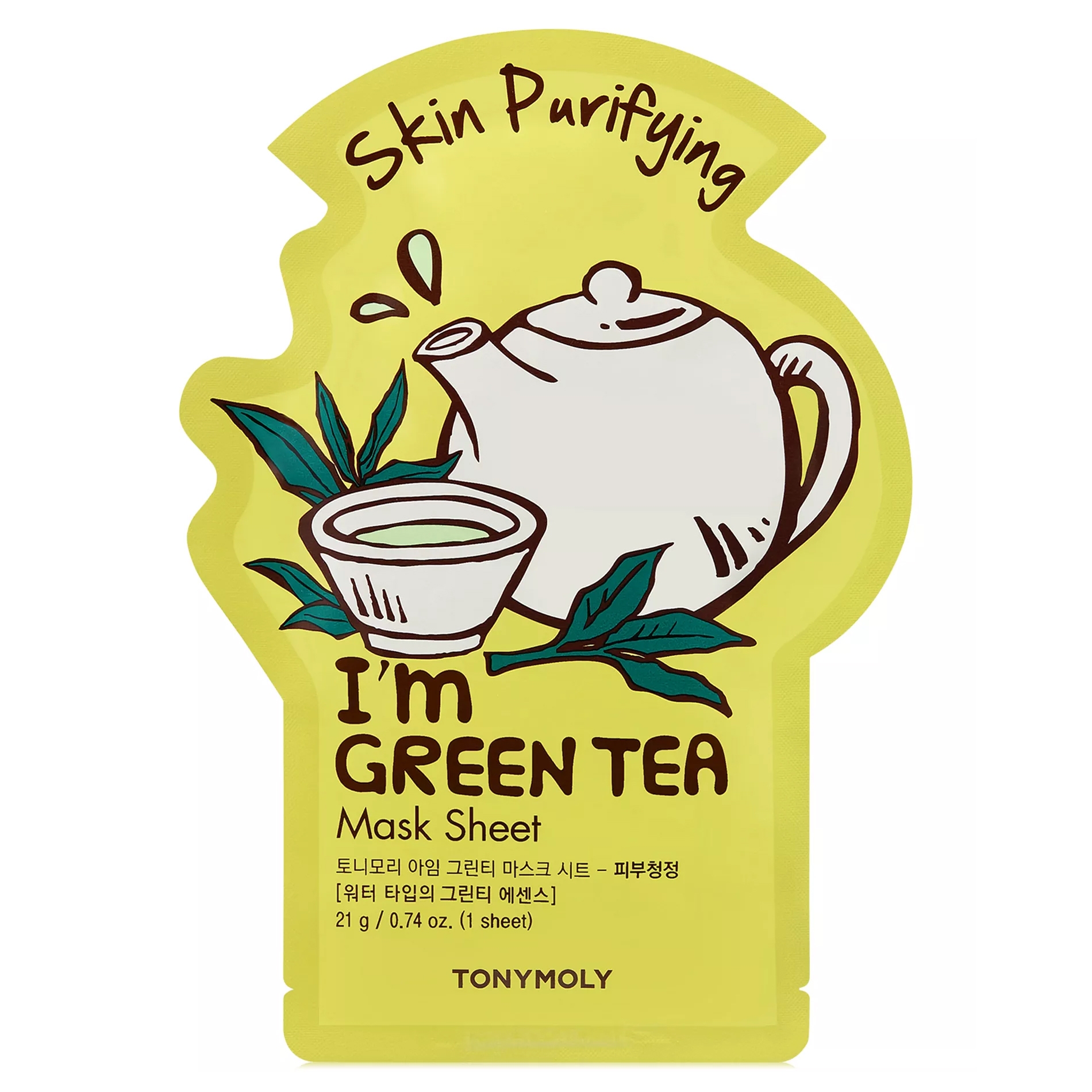 TONYMOLY I'm Green Tea Mask Sheet for skin purifying, featuring a teapot and teacup design. Contains 21g (0.74 oz) of product.