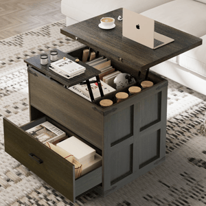 A farmhouse-style lift-top coffee table featuring a split top for convenient access to storage compartments and a pull-out drawer for additional storage. The table is designed to hold items like books, jars, and accessories, and includes space for a laptop and coffee mug.