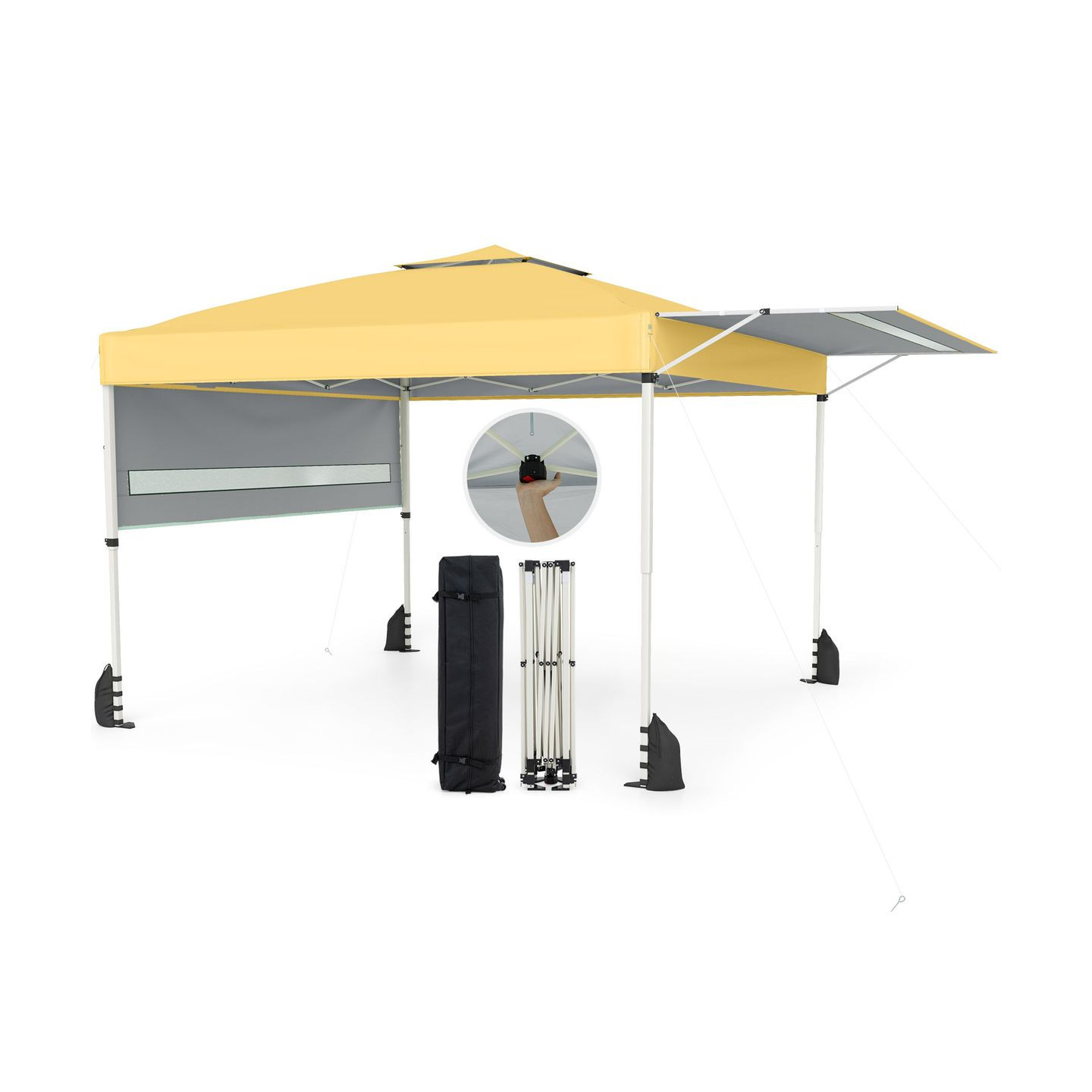 A yellow pop-up canopy tent with adjustable sidewalls and an extendable shelter on one side. Includes a carrying bag, folding frame, and ground stabilizers.