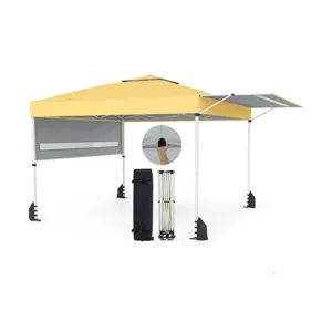 A yellow pop-up canopy tent with adjustable sidewalls and an extendable shelter on one side. Includes a carrying bag, folding frame, and ground stabilizers.