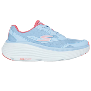 Light blue athletic shoe with coral accents, featuring air-cooled technology and a thick white sole labeled \“MAX CUSHION.\“