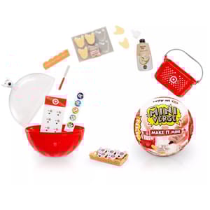 Mini Brands \“Make It Mini\“ kit with assorted miniature items including a basket, bottle, tray, and themed stickers, all contained within a red ball.