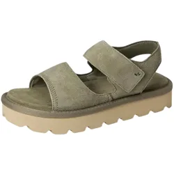 A green suede sandal with two wide straps and a Velcro closure, featuring a thick beige sole with a wavy pattern for added grip.