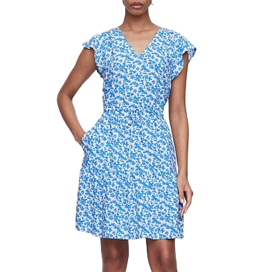 A blue and white floral print dress featuring flutter sleeves, a V-neckline, an elastic waist with a drawstring, and a knee-length skirt.