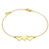 A delicate gold bracelet featuring a chain with three interlinked heart shapes at the center and an adjustable clasp closure.