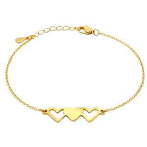 A delicate gold bracelet featuring a chain with three interlinked heart shapes at the center and an adjustable clasp closure.