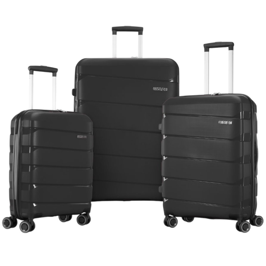 A set of three black hard-shell suitcases with four wheels and telescopic handles; sizes include small, medium, and large.