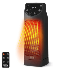 Black+Decker ceramic tower heater with digital display and remote control, showing a temperature of 81°F.