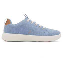 A light blue sneaker with a quilted texture, white laces, and white sole, featuring a brown accent on the heel and \“Keds\“ branding on the side.
