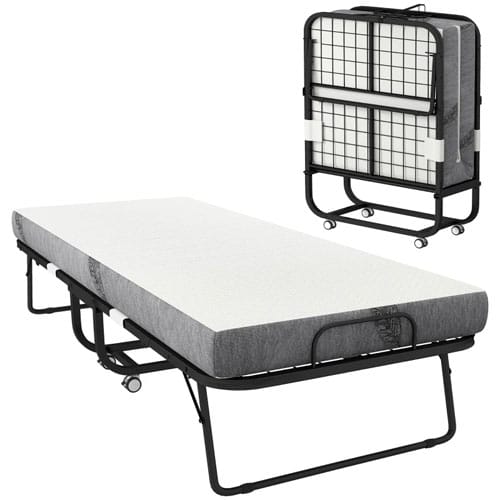 Folding bed with a metal frame and a memory foam mattress, shown in both extended and folded positions for convenient storage and portability.