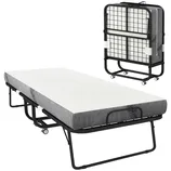 Folding bed with a metal frame and a memory foam mattress, shown in both extended and folded positions for convenient storage and portability.
