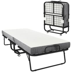 Folding bed with a metal frame and a memory foam mattress, shown in both extended and folded positions for convenient storage and portability.