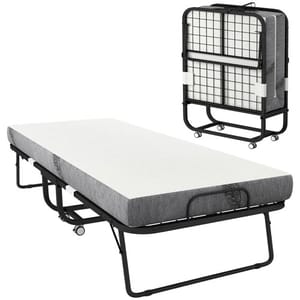 Folding bed with a metal frame and a memory foam mattress, shown in both extended and folded positions for convenient storage and portability.