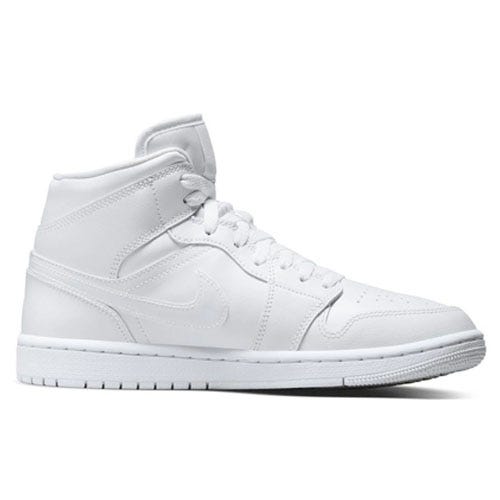 A white high-top sneaker with a classic design, featuring a swoosh logo and perforated toe box.