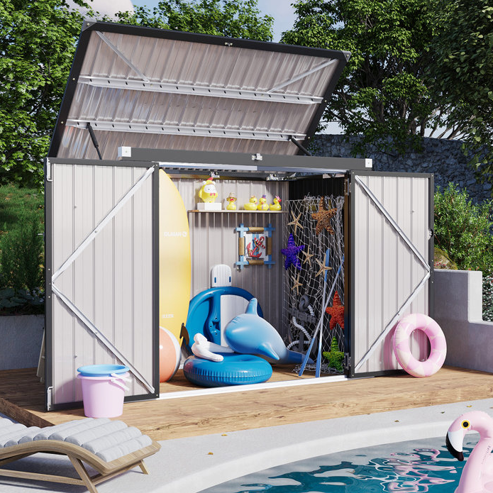 A 6' x 3' galvanized steel shed with open doors and top hatch is shown near a pool, containing various pool toys like surfboards, inflatable animals, and a fishing net. A pink float is beside it, set on a wooden deck.